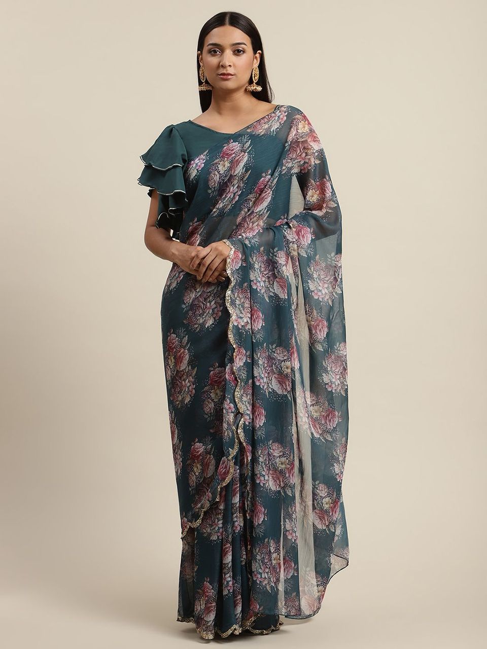 Ahalyaa Women's Green Chiffon Digital Print Floral Saree