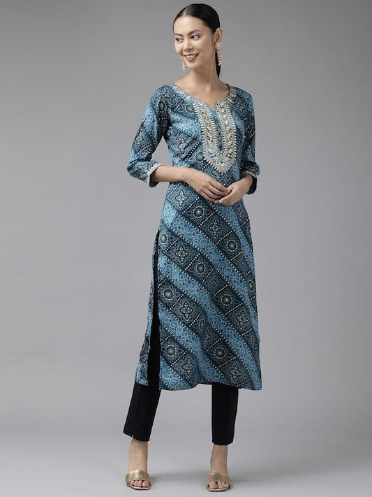 Yufta Women Blue Bandhani Printed Gotta Patti Kurta