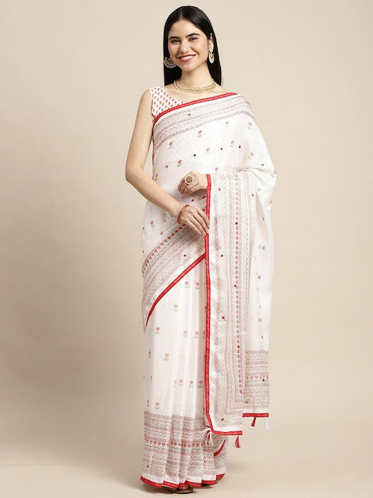 Saree mall White & Red Floral Zari Jute Silk Bomkai silk Sarees