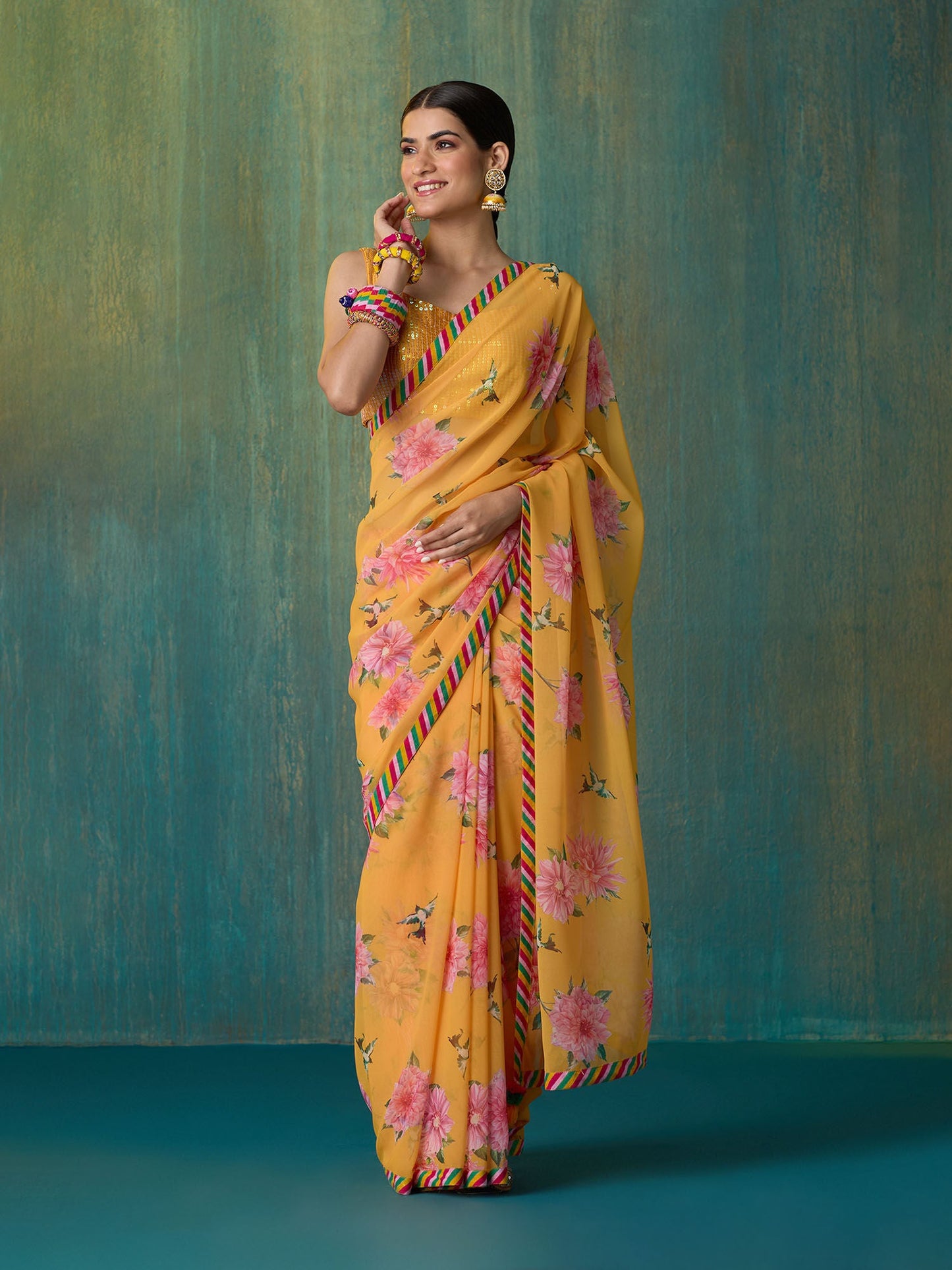 Likha Mustard Ethnic Bloom Georgette Digital Printed Saree with Unstitched Blouse LIKSAR138 (Free Size)