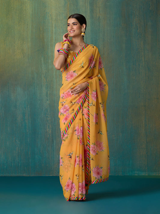 Likha Mustard Ethnic Bloom Georgette Digital Printed Saree with Unstitched Blouse LIKSAR138 (Free Size)