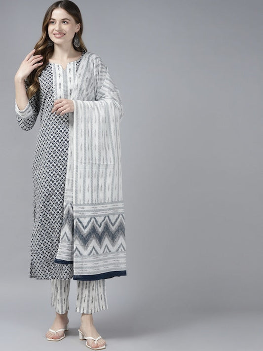 Yufta Women White Ethnic Motifs Printed Regular Pure Cotton Kurta with Palazzos & With Dupatta