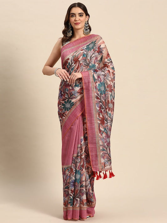 Silk Land Purple White Kalamkari Saree With Tassels