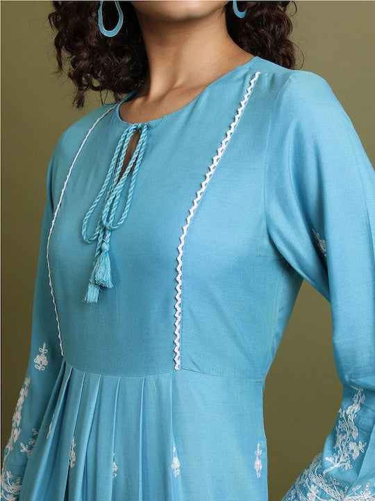 Vishudh Blue Floral Embroidered Tie-Up Neck A-Line Midi Dress