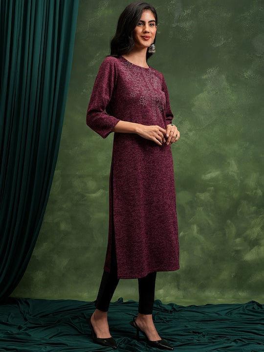 Vishudh Maroon Abstract Printed Mukaish Straight Kurta
