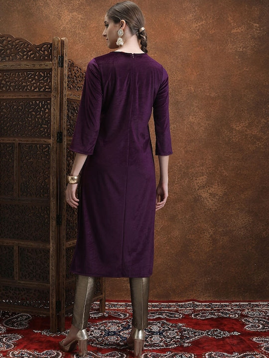 Vishudh Magenta Floral Yoke Design Embroidered Straight Kurta