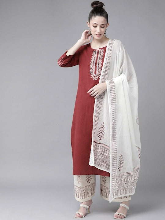 Yufta Women Maroon & White Embroidered Pure Cotton Kurta with Palazzos & Dupatta