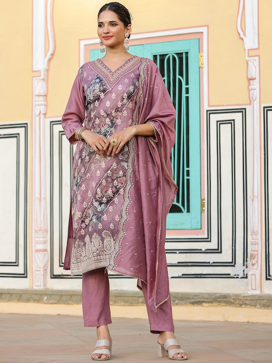 Scakhi Floral Printed Regular Thread Work Pure Silk Kurta with Trousers & With Dupatta