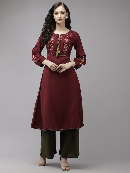 Yufta Women Maroon Floral Embroidered Thread Work Kurta