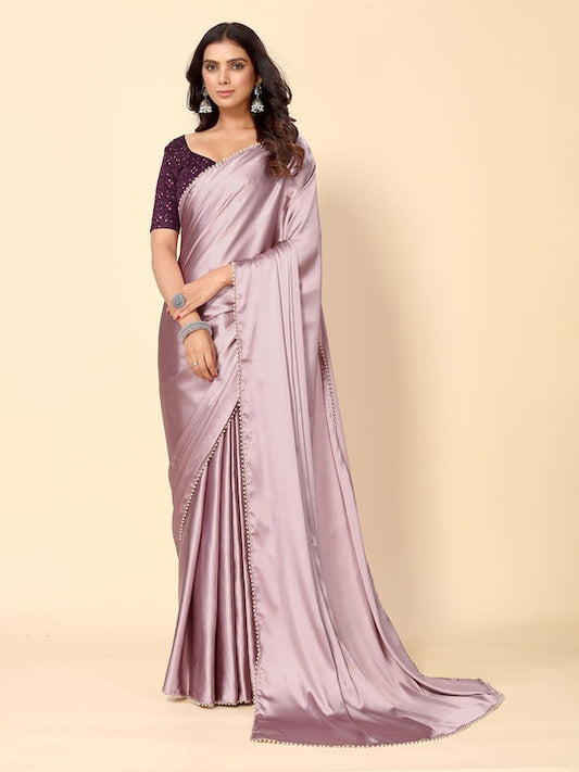 Here&now Embellished Beads and Stones Satin Saree