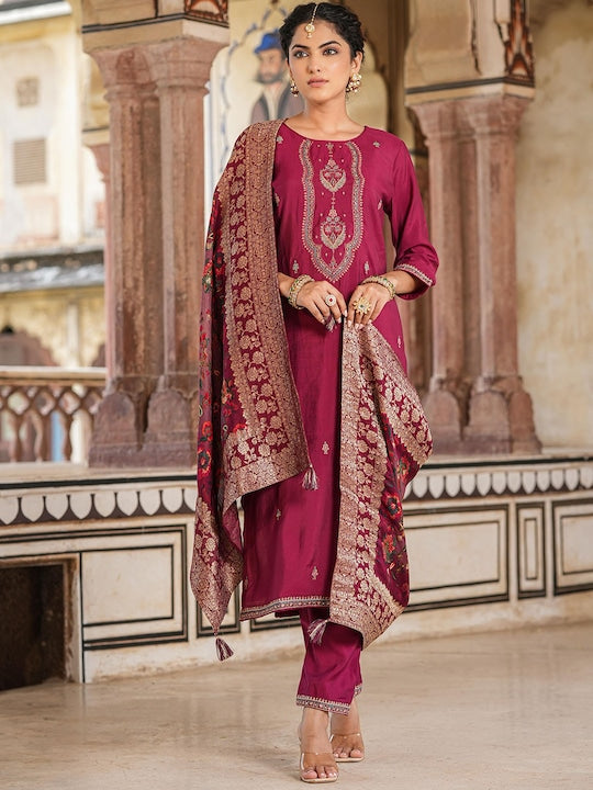 Scakhi Floral Embroidered Regular Kurta with Trousers & Dupatta