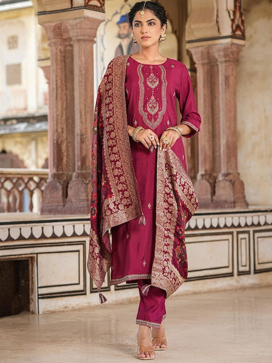 Scakhi Floral Embroidered Regular Kurta with Trousers & Dupatta