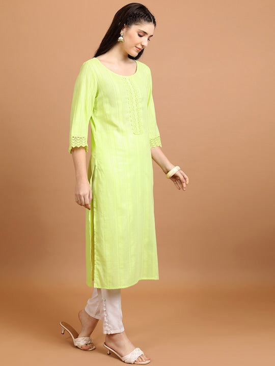 Vishudh Lime Green Striped Pure Cotton Straight Kurta