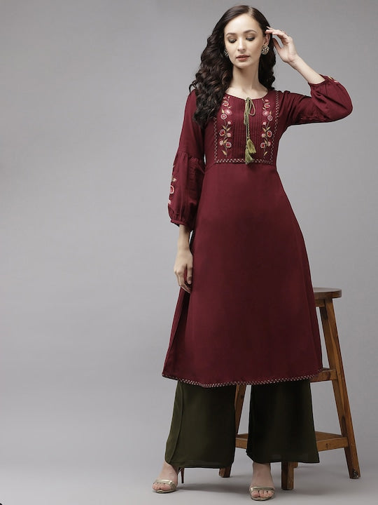 Yufta Women Maroon Floral Embroidered Thread Work Kurta