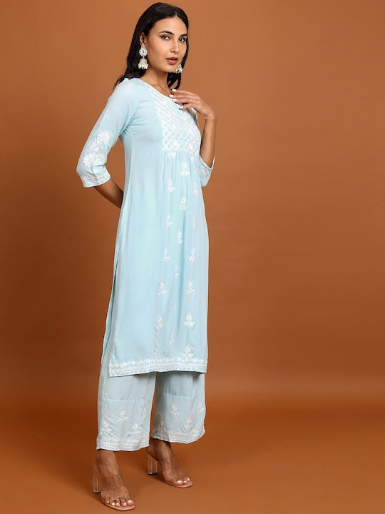 Vishudh Floral Embroidered Thread Work Straight Kurta With Palazzos
