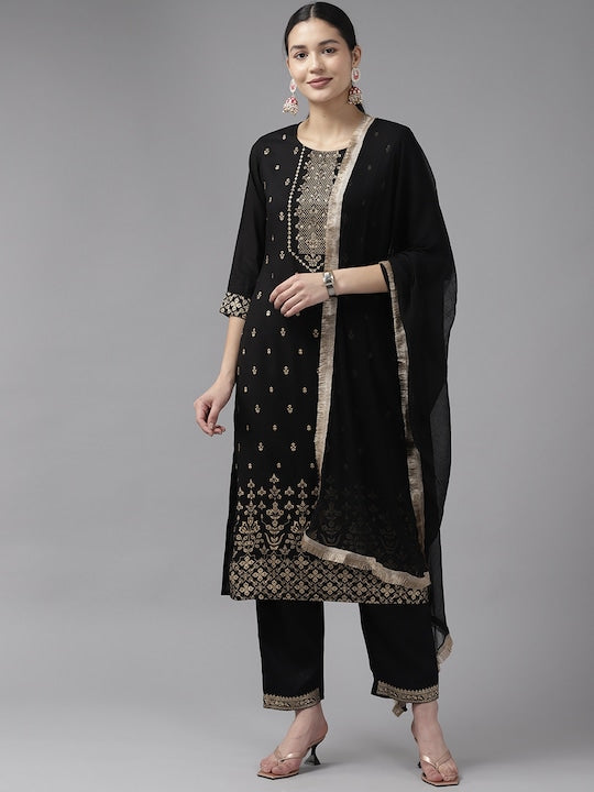 Yufta Women Floral Printed Sequinned Kurta with Trousers & Dupatta - M