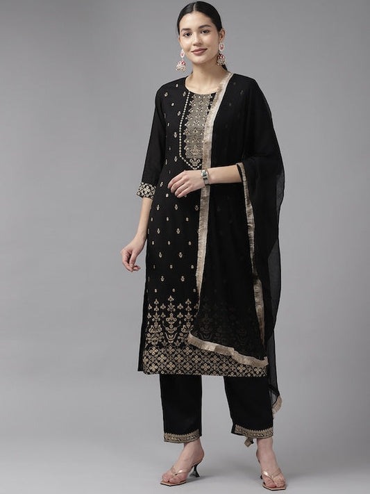 Yufta Women Floral Printed Sequinned Kurta with Trousers & Dupatta - M