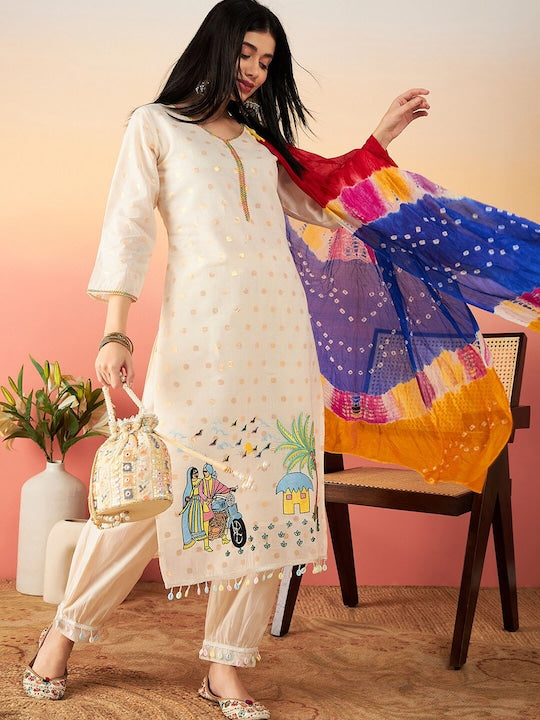 Sangria Ethnic Motifs Printed Pure Cotton Straight Kurta With Salwar & Dupatta