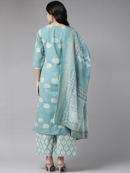 Yufta Women Blue & Off-White Printed Kurta with Palazzos & Dupatta