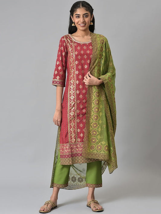 Aurelia Women Red Ethnic Motifs Printed Kurta with Trousers & With Dupatta