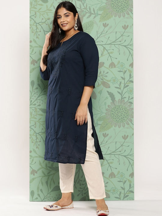 Yufta Plus Size Floral Embroidered Chikankari Indigo Pure Cotton Kurta