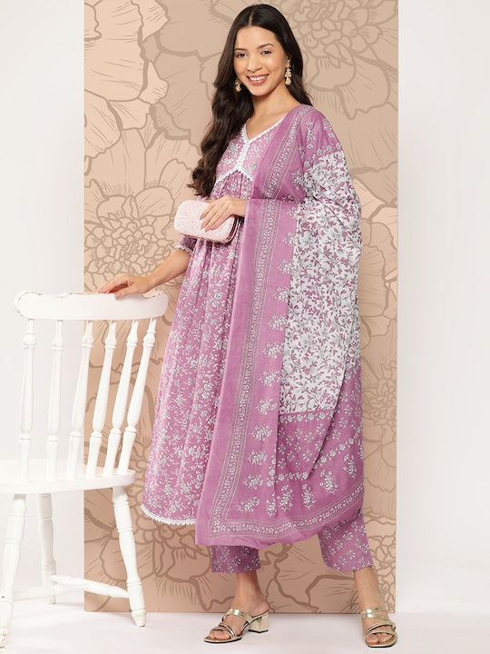 Yufta Women Floral Printed Regular Pure Cotton Kurta with Trousers & With Dupatta