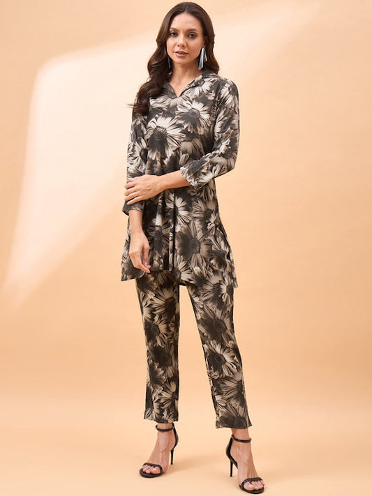 All about you Printed Shirt Collar Neck Top & Flared Trouser Co-Ords