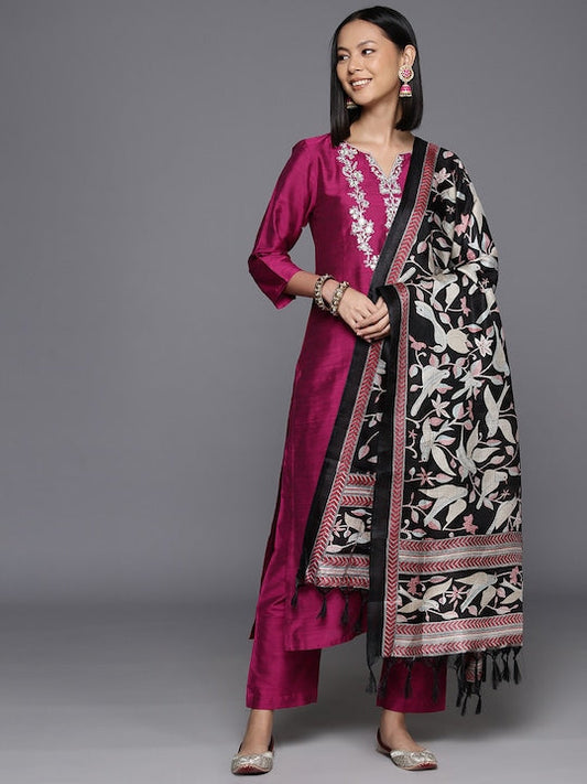Varanga Women Floral Yoke Design Regular Sequinned Kurta with Trousers & Dupatta