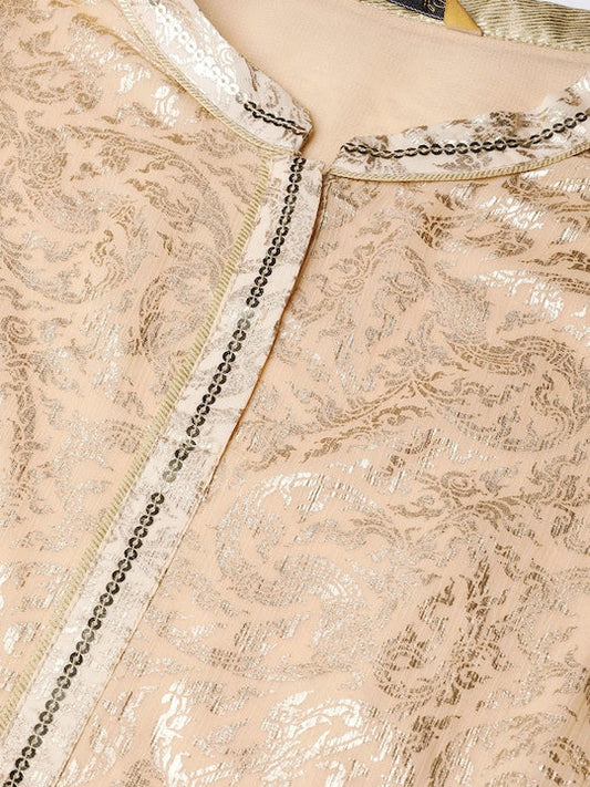 Aurelia Women Beige & Golden Printed Layered A-Line Kurta