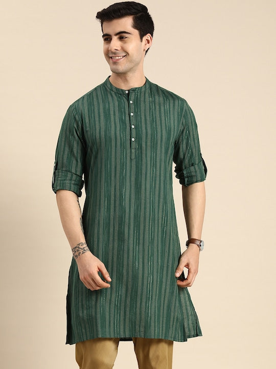 Anouk Men Green & Gold Toned Striped Mandarin Collar Kurta