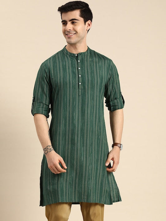 Anouk Men Green & Gold Toned Striped Mandarin Collar Kurta