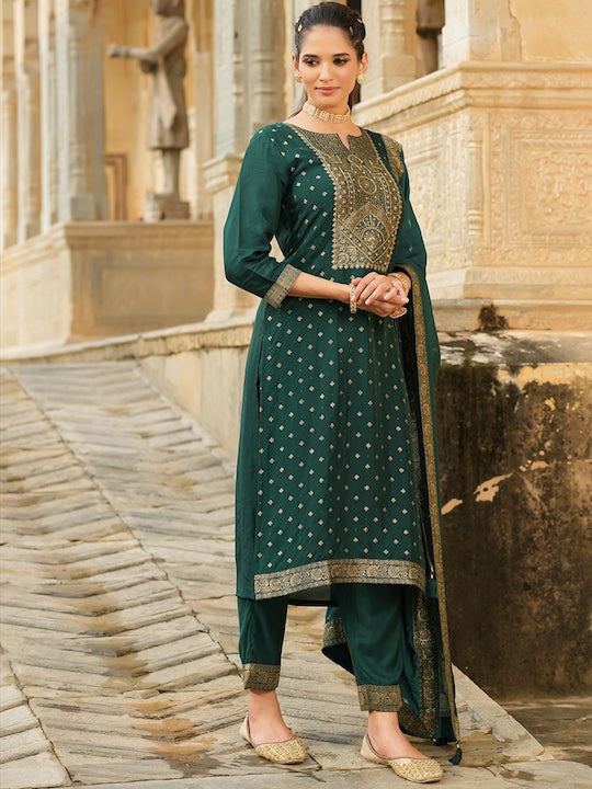Scakhi Women Green Ethnic Motifs Pure Silk Kurta with Trousers & With Dupatta