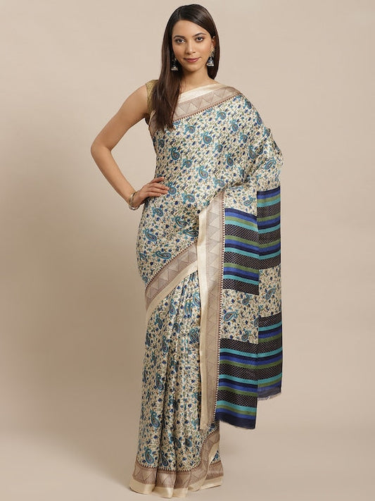 Saree mall Beige & Blue Silk Blend Printed Saree