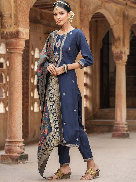 Scakhi Ethnic Motifs Embroidered Zari Jacquard Straight Kurta With Trousers & Dupatta
