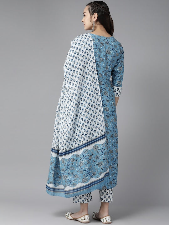 Yufta Floral Printed Sequinned Pure Cotton Kurta With Trousers & Dupatta