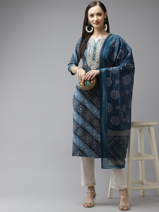 Yufta Women Blue Bandhani Printed Regular Gotta Patti Kurta with Palazzos & With Dupatta