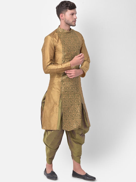 Deyaan Men Brown Printed Panelled Dupion Silk Kurta with Dhoti Pants