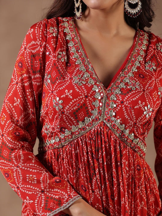 Scakhi Bandhani Printed Gathered Detail Chinon Silk Empire Maxi Length Ethnic Dress
