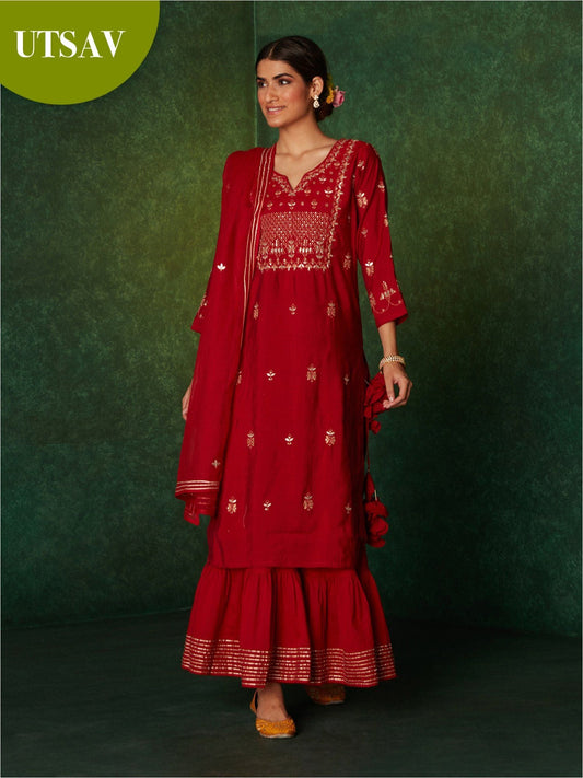Likha Red Hand Embroidered Kurta Sharara & Dupatta LIKSKD149 (Set of 3)