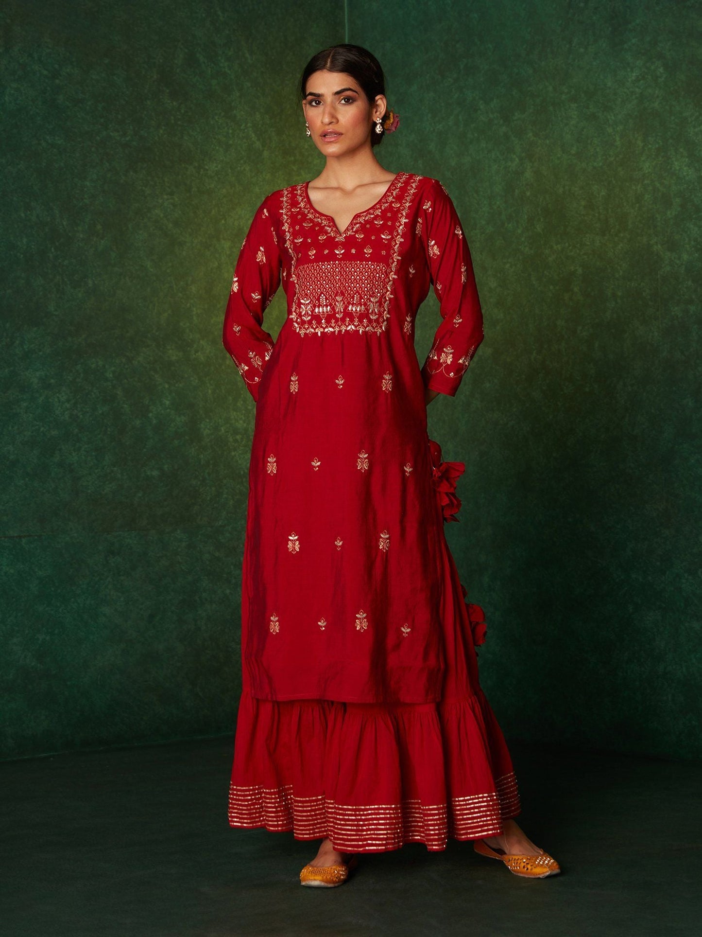Likha Red Hand Embroidered Kurta Sharara & Dupatta LIKSKD149 (Set of 3)