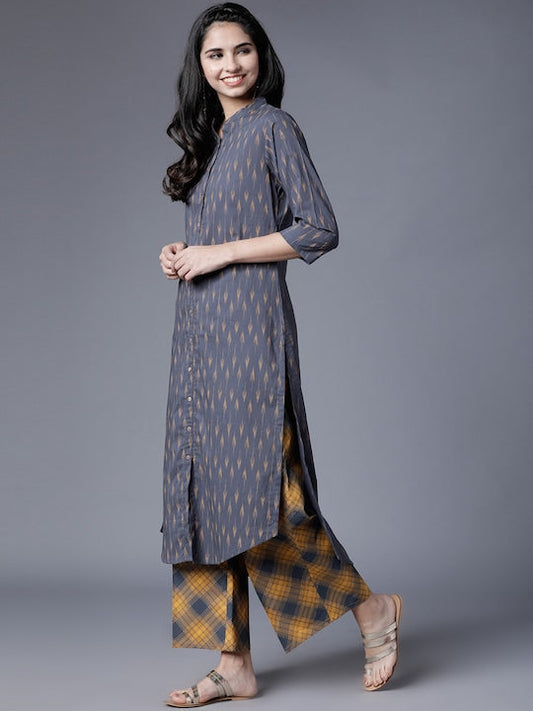 Vishudh Women Grey & Mustard Printed Kurta with Palazzos - S