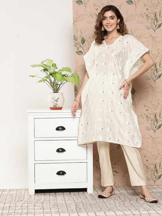 Yufta Floral Embroidered Flared Sleeves Chanderi Silk Kaftan Kurta
