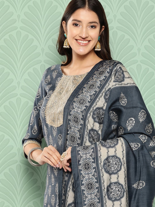 Yufta Women Ethnic Motifs Yoke Design Regular Chanderi Silk Kurta with Trousers & Dupatta