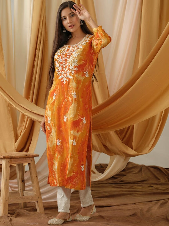 Sangria Abstract Printed Round Neck Straight Kurta