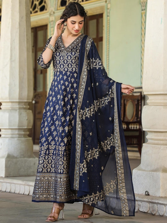 Scakhi Ethnic Motifs Printed Fit & Flared Maxi Ethnic Dress With Dupatta