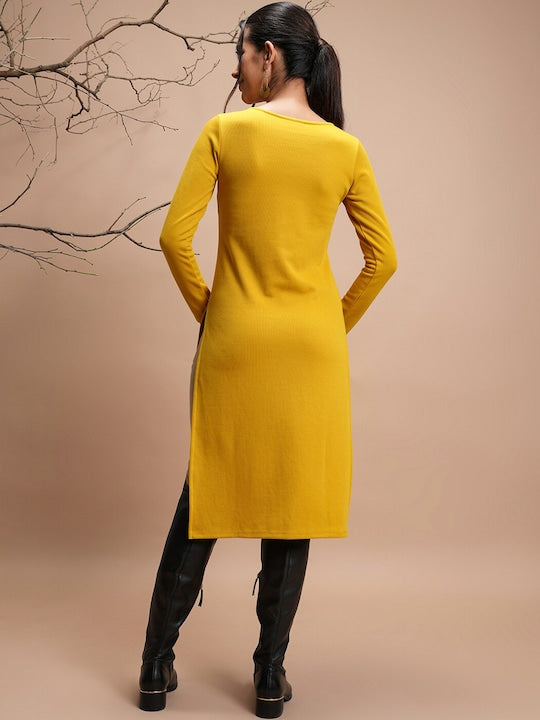 Vishudh Mustard Yellow Ethnic Motif Embroidered Winter Straight Kurta