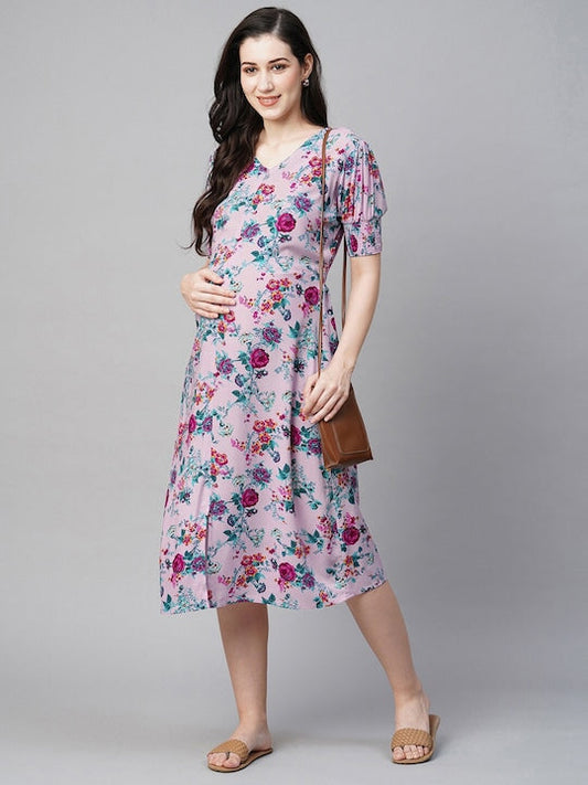 MomToBe Floral Printed Smocked Maternity A-Line Midi Dress