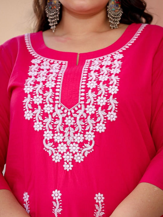 Yufta Plus Size Floral Embroidered Chikankari Pure Cotton Kurta