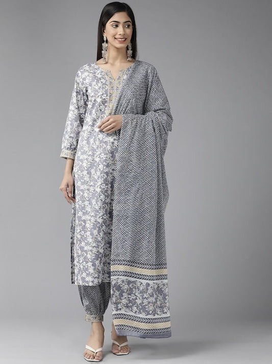 Yufta Women Floral Printed Pure Cotton Kurta with Harem Pants & With Dupatta