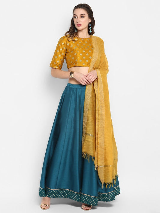 Janasya Mustard & Teal Green Foil Printed Ready to Wear Lehenga & Blouse with Dupatta - XXL